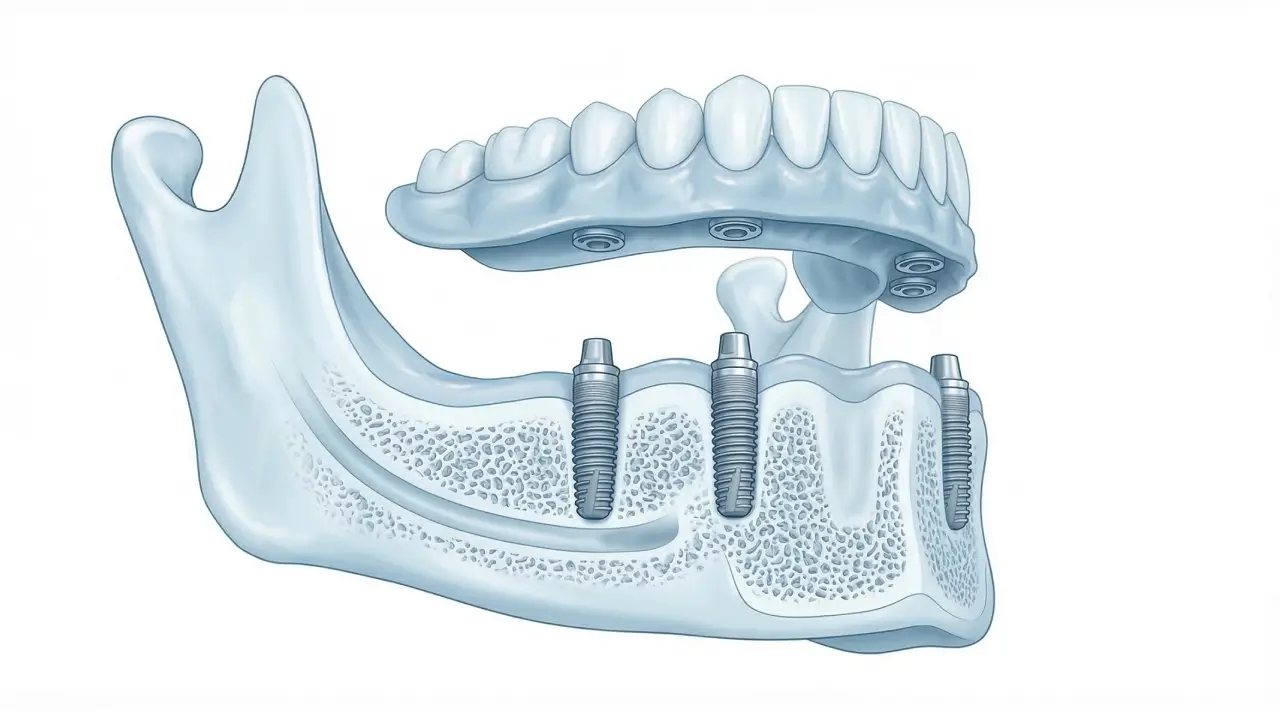 Diagram showing how implant-supported dentures attach to four dental implants in the jawbone