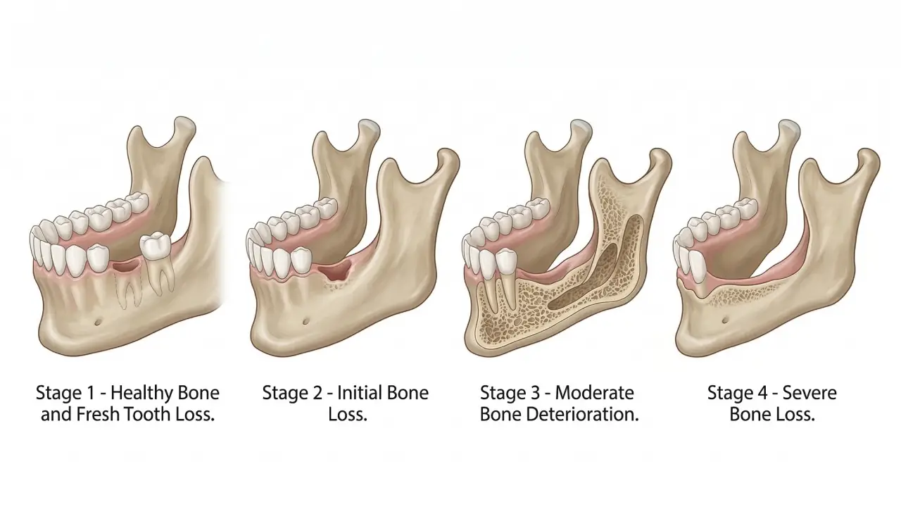 Illustration showing progressive jawbone deterioration over time after tooth loss without dental implants