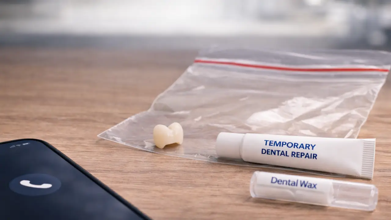 Temporary dental crown that fell out placed next to dental repair kit and phone ready to call dentist