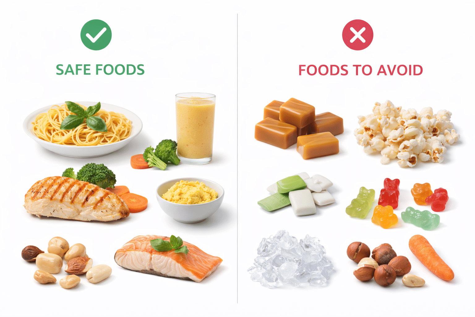 Comparison of safe foods and foods to avoid when wearing a temporary dental crown including soft meals and sticky or hard foods