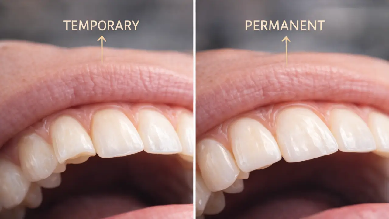 Side-by-side comparison of a temporary dental crown and a permanent crown showing differences in shape, color, and finish on a natural smile