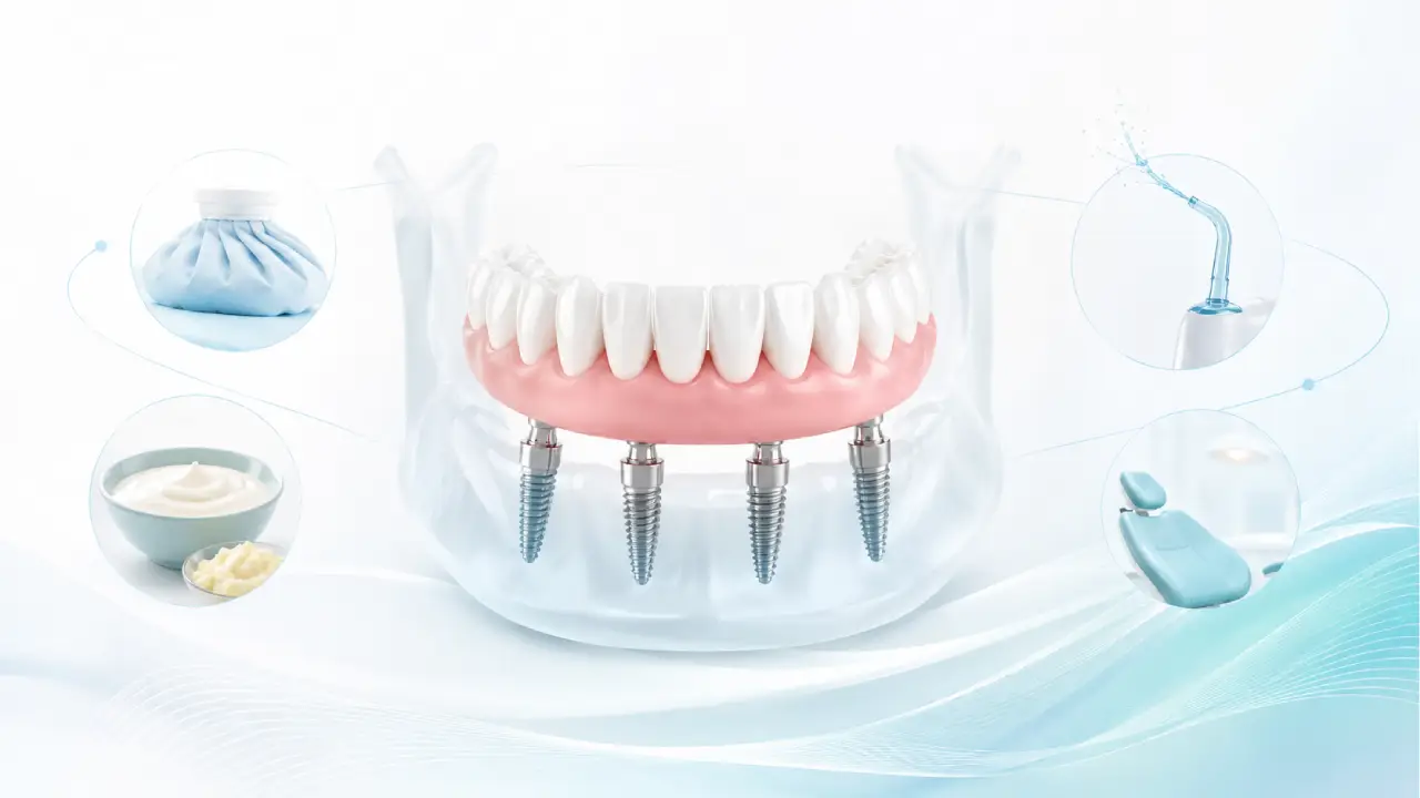 Getting All-on-4® dental implants is a life-changing decision that permanently restores the function and aesthetics of your smile. However, knowing what to expect after you leave the dental chair is just as important as the surgery itself. Whether you have just undergone the procedure or are researching your options at Dentiq Dentistry in Houston, understanding the recovery timeline, dietary adjustments, and long-term maintenance will ensure your new smile lasts a lifetime. Here is your complete clinical guide to life after All-on-4 implants. The First 72 Hours: Managing Your Immediate Recovery The first few days following your All-on-4 surgery are critical for proper healing. Because the implants are surgically placed into your jawbone, your body needs time to begin the osseointegration process (where the bone fuses to the titanium posts). During the first 72 hours, you should focus on rest and minimizing inflammation. Here is what to expect and how to handle it: Swelling and Bruising: Mild to moderate swelling around the jaw, cheeks, and even under the eyes is a normal inflammatory response. Apply an ice pack to the outside of your face for 15 minutes on and 15 minutes off during the first 24 hours. Bleeding: Slight oozing at the surgical site is common on the first day. Bite down gently on the sterile gauze pads provided by your dentist until the bleeding stops. Pain Management: Discomfort usually peaks within the first 48 hours. Take all prescribed pain medications or recommended over-the-counter anti-inflammatories strictly as directed by your oral surgeon. Rest: Avoid elevating your heart rate. No heavy lifting, bending over, or vigorous exercise for at least a week, as this can trigger throbbing and bleeding. The All-on-4 Healing Diet: What You Can (and Cannot) Eat Your provisional (temporary) teeth will be attached to your implants immediately, allowing you to leave the clinic with a full smile. However, these temporary prosthetics are not designed to withstand heavy chewing forces while the implants integrate with your bone. For the first 6 to 8 weeks, you must strictly adhere to a mechanical soft food diet. Chewing hard foods prematurely can disrupt the implants, leading to surgical failure. Food Category ✅ Safe to Eat (Soft Diet) ❌ Strictly Avoid Proteins Scrambled eggs, flaky baked fish, tofu, smooth peanut butter, protein shakes. Tough steaks, jerky, crunchy fried chicken, nuts, seeds. Fruits & Veggies Applesauce, mashed potatoes, steamed carrots, smoothies (no seeds). Raw apples, raw carrots, corn on the cob, berries with small seeds. Carbs & Grains Overcooked pasta, oatmeal, soft breads (no crust), grits, mashed sweet potatoes. Crusty bread, pizza crust, popcorn, hard taco shells, chips. Snacks & Dairy Yogurt, cottage cheese, pudding, ice cream, soft cheeses. Sticky candies, caramel, chewing gum, hard candies, ice cubes. Long-Term Maintenance: How to Clean Your New Smile Once your implants have fully healed and your permanent, custom zirconia arch is placed, your dietary restrictions will be lifted. However, your hygiene routine must remain rigorous. While your new teeth cannot get cavities, the gum tissue around the implants is still susceptible to infection (peri-implantitis), which can cause bone loss and implant failure. To keep your All-on-4 implants pristine, incorporate these steps into your daily routine: Use a Water Flosser: This is the most crucial tool for All-on-4 patients. A water flosser (like a Waterpik) used on a low-to-medium setting will flush out food particles and plaque trapped in the small space between your prosthetic arch and your natural gums. Brush Twice a Day: Use a soft-bristled toothbrush and a non-abrasive toothpaste. Brush the front, back, and chewing surfaces of the teeth, paying special attention to where the prosthesis meets the gumline. Use Super Floss: Standard dental floss won't work for a full arch. Use specialized "Super Floss" or floss threaders designed for implants to clean under the bridge effectively. Antibacterial Mouthwash: Rinse daily with an alcohol-free, antibacterial mouthwash to keep oral bacteria in check and soothe your gum tissue. The Importance of Professional Checkups Your All-on-4 implants require professional maintenance to ensure long-term success. You should visit your dentist every 6 months for a comprehensive exam and professional cleaning. During these visits, your dental team will: Take panoramic or 3D X-rays to verify that the bone levels supporting the implants remain strong and healthy. Use specialized, non-scratching instruments to remove any hardened calculus (tartar) from the titanium posts and the prosthetic arch. Check the bite alignment to ensure even pressure is being distributed across the implants. Occasionally unscrew the arch for a deep cleaning, if clinically necessary. Still Have Doubts? Why the All-on-4 Process at Dentiq Dentistry is Easier Than You Think It is completely normal to feel a bit of "recovery anxiety" when reading about dietary restrictions and healing times. However, remember that these few weeks of adjustment are a small bridge to a lifetime of stability and confidence. At Dentiq Dentistry, we prioritize your comfort from the very first 3D scan to the moment you bite into your favorite food without a second thought. We don't just deliver a new prosthesis; we provide an expert-guided experience so you never have to guess what comes next. If you are doing this research because you want a permanent change but are nervous about the procedure, let's talk. We will show you exactly how predictable, safe, and rewarding this path to your new smile in Houston can be.